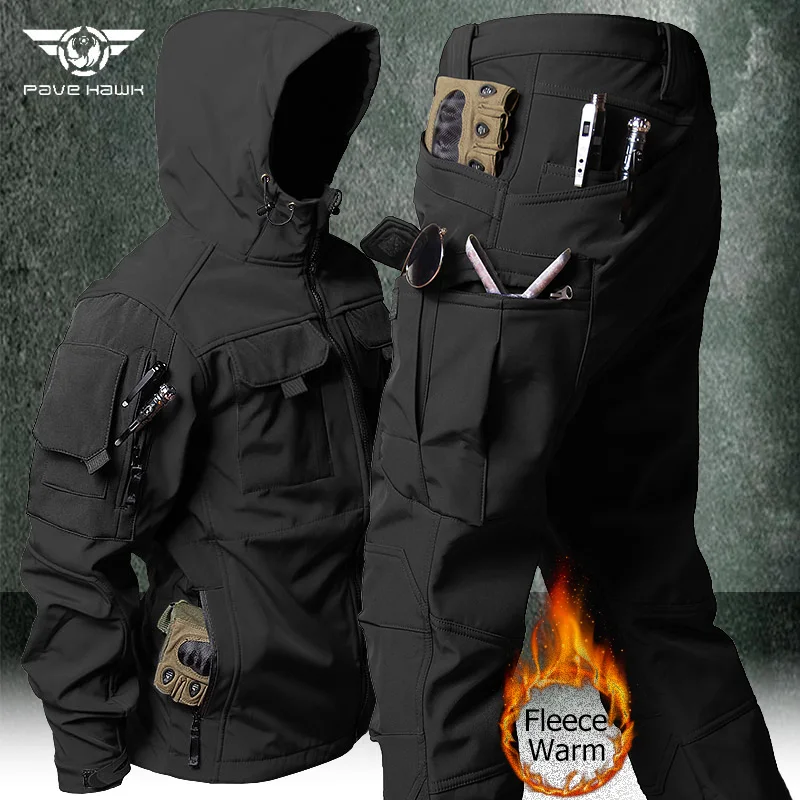 Ensemble tactique d'extérieur pour hommes, veste de travail militaire à capuche multi-poches + pantalon Cargo en polaire imperméable coupe-vent, combinaison d'hiver en peau de requin
