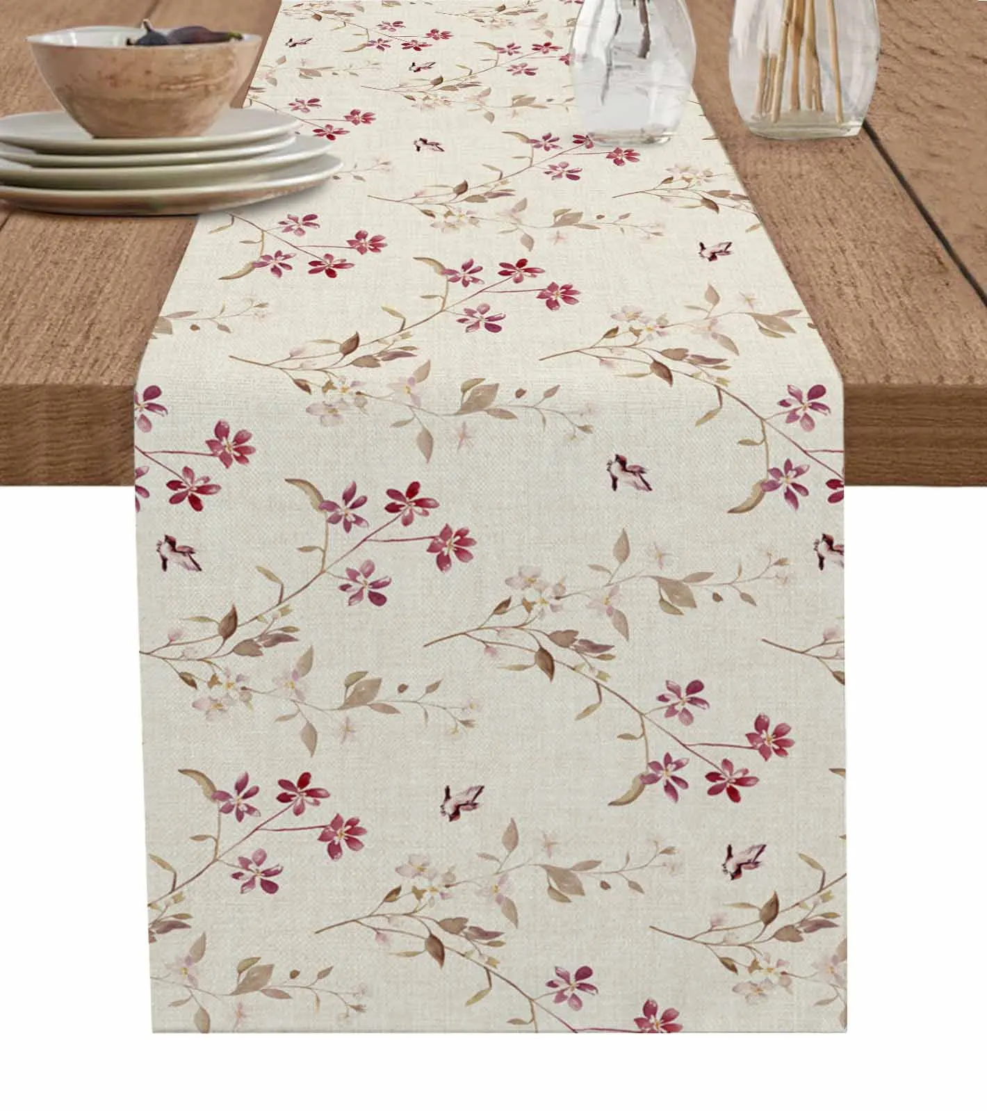 

Flowers Leaves Birds Watercolor Table Runner Cotton Linen Wedding Decor Tablecloth Festival Kitchen Decor Table Runner