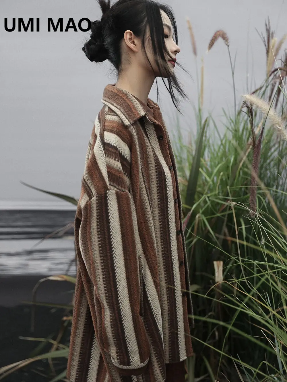 

UMI MAO Yamamoto Dark Vintage Striped Woolen Shirt Women Layered Internally With A Lazy Versatile Autumn Winter New Coat