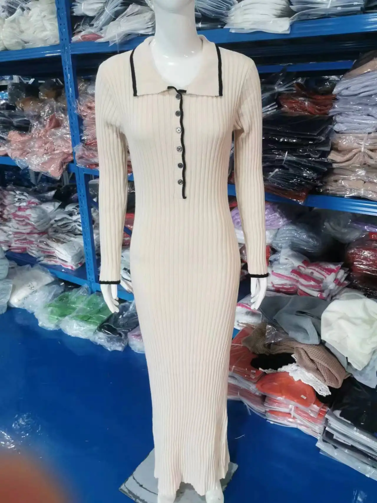 Female Slim Knit Maxi Dress Patchwork Elegant Lapel Contrast Casual Dress High Waist Knitwear Party Dress Autumn Outfit