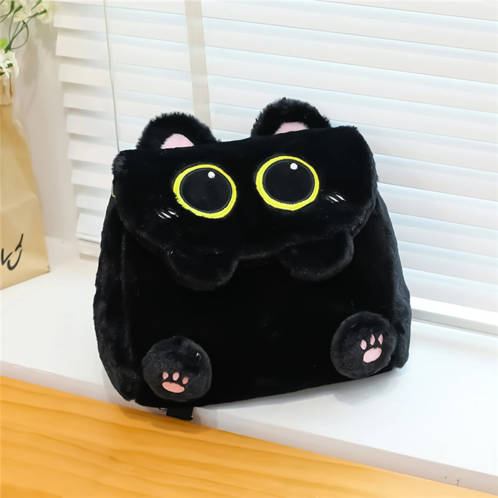Plush Cat Backpack Cute Kitten School Bag Large Capacity Travel Daypack Fashionable Backpack for Teens Kids Black 1