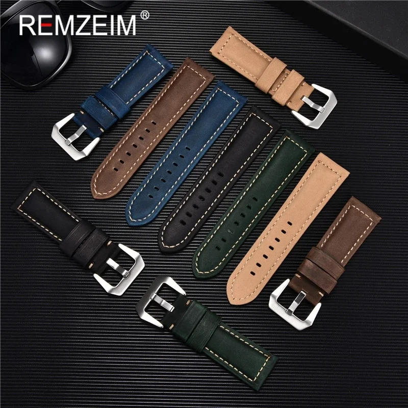Retro Genuine Leather Strap Handmade Crazy Horse Skin Cowhide Leather Watchband 20 22 24 26 mm High Quality Watch Band