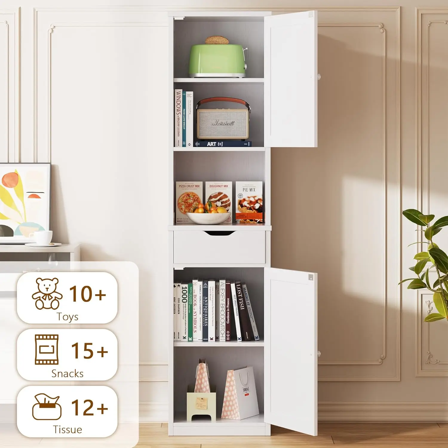Tall Bathroom Storage Cabinet with Freestanding Adjustable Shelves, Narrow Storage Linen Cabinet with 2 Doors and 1 Drawers