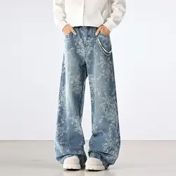 Embroidered Retro Wide - Leg Jeans, Autumn Winter Collection - S (Blue)
