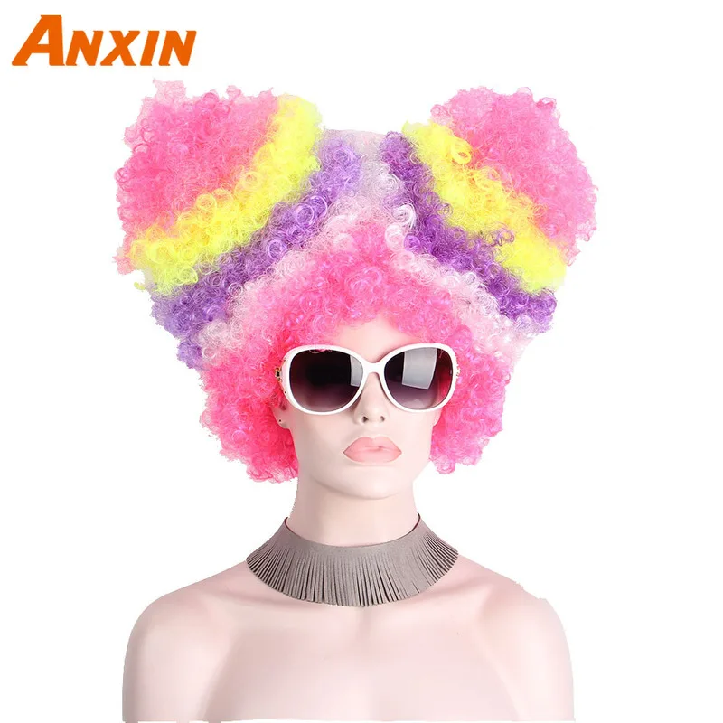 Rainbow Large Top Fluffy Synthetic Wig Small Roll Funny Party Holiday Costume Wig for Queen Style Dress up