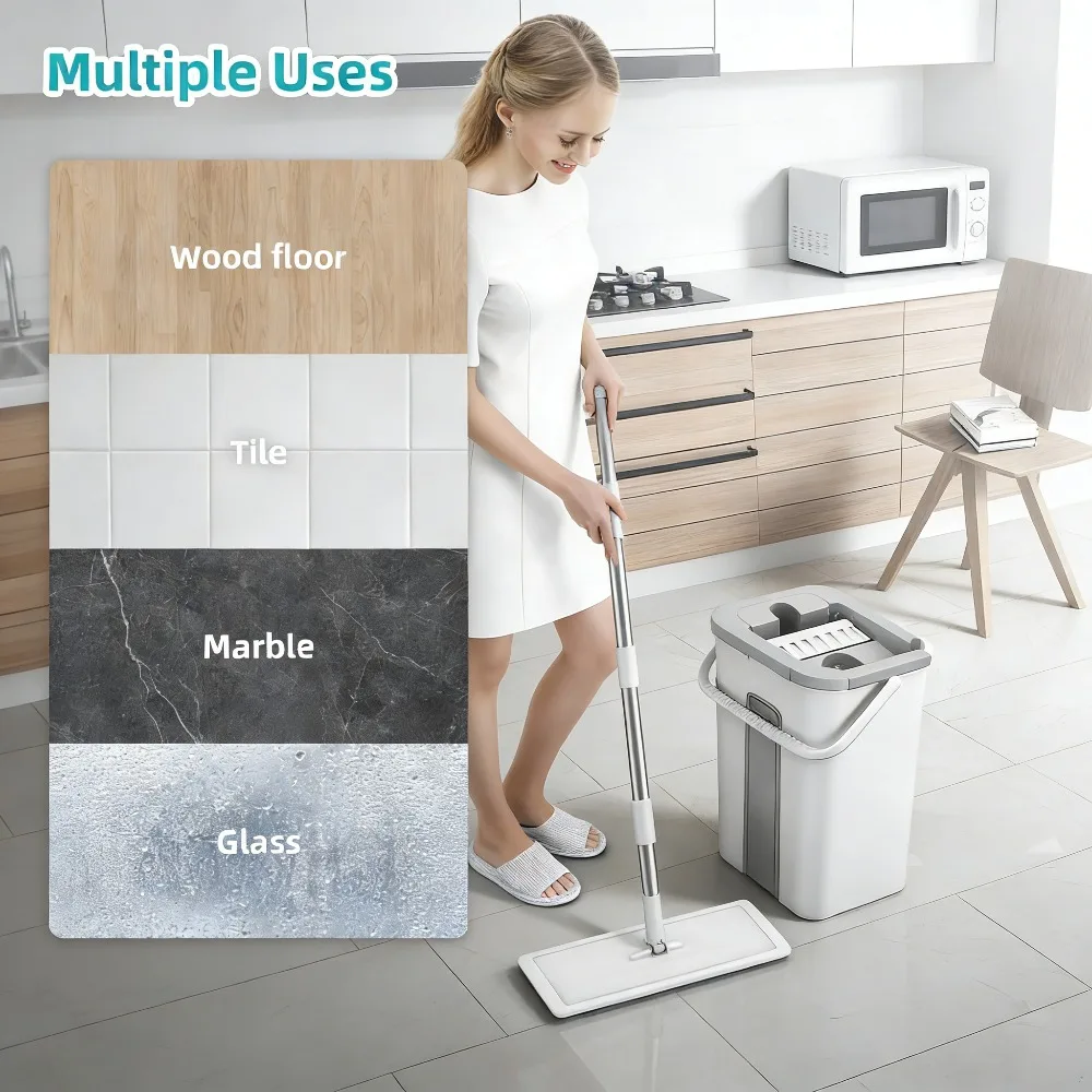 Self-Cleaning Spin Mop and Bucket Set, with Foot Pedal Wringer & 3 Washable Pads for All Floor Types, Wet Dry Use steam mop