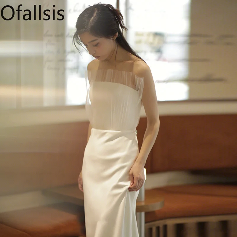 

Ofallsis Off Shoulder Light Wedding Dress 2024 New Satin French Simple Bra Going Out Elegance Bride White Engagement Dresses