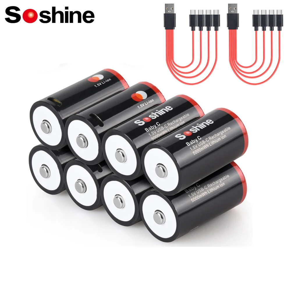 SOSHINE C Rechargeable Battery 1.5V Lithium Li ion USB 5000mWh C Size Rechargeable Batteries for Gas Cooker Water Heater Flashlight Radios