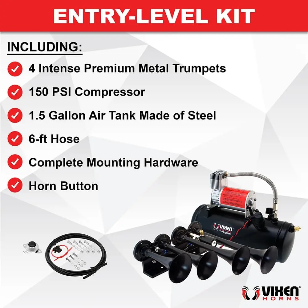 Train Horn Kit for Trucks/Car/Semi. Complete Onboard System- 150psi Air Compressor, 1.5 Gallon Tank, 4 Trumpets. Sup