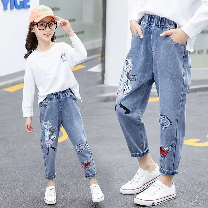 

Kids Girl 2023 JeansSpring Autumn Graffiti Floral Cartoon Long Pants Painting Print Casual Trousers with Hole 4-12Y
