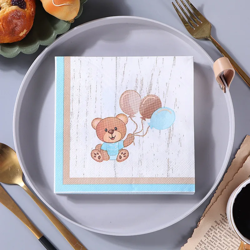 20pcs/bag Cute Blue Bear Balloon Printed Disposable Napkins Paper Cocktail Dinner Birthday Baby Shower Decoration