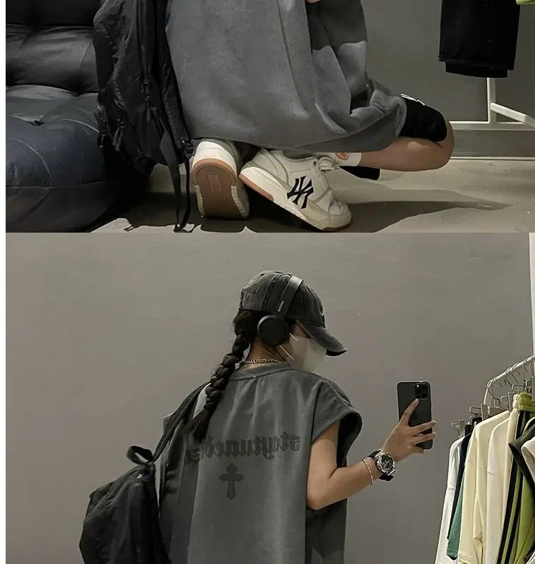 Description Picture 6 of itemMilitary green suede vest men's summer oversize heavyweight trendy brand vest sleeveless t-shirt American couple sweatshirt tops