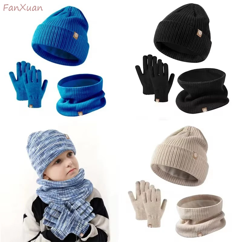 Winter Set for Children Knit Striped Beanies Kids Scarf Double Layer Plush Lining Winter Hat Snood Gloves Set for Girl Boy 3pcs kids winter hat scarf set