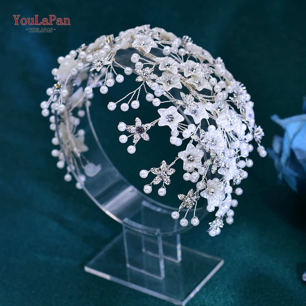 TOPQUEEN Bridal Headband Bride Hair Decoration Wedding Women Headpiece Shell Flower Hair Accessories Rhinestone Headwear HP676