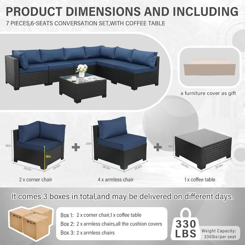 Outdoor PE Wicker Furniture Set, Patio Black Rattan Sectional Sofa Couch with Washable Navy Blue Cushions 4