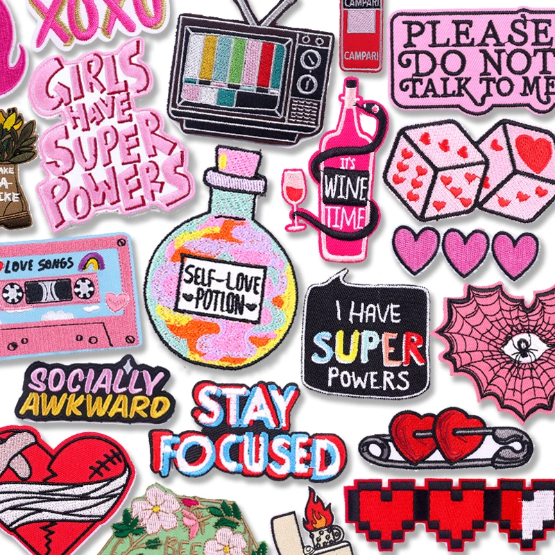 Collection of colorful patches with various designs and text.