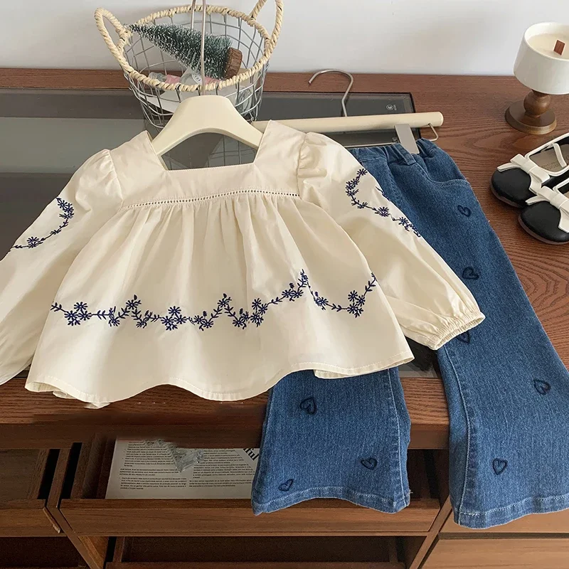 Girls Autumn Embroidered Blouse and Jeans 2Pcs Suit