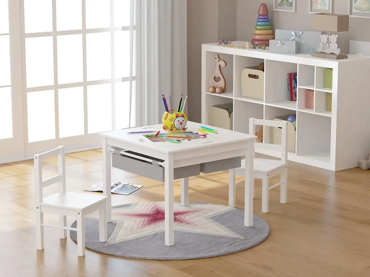 

Wooden 2 in 1 Kids Construction Play Table and 2 Chairs Set with Storage Drawers, and Built in Plate Compatible with Lego