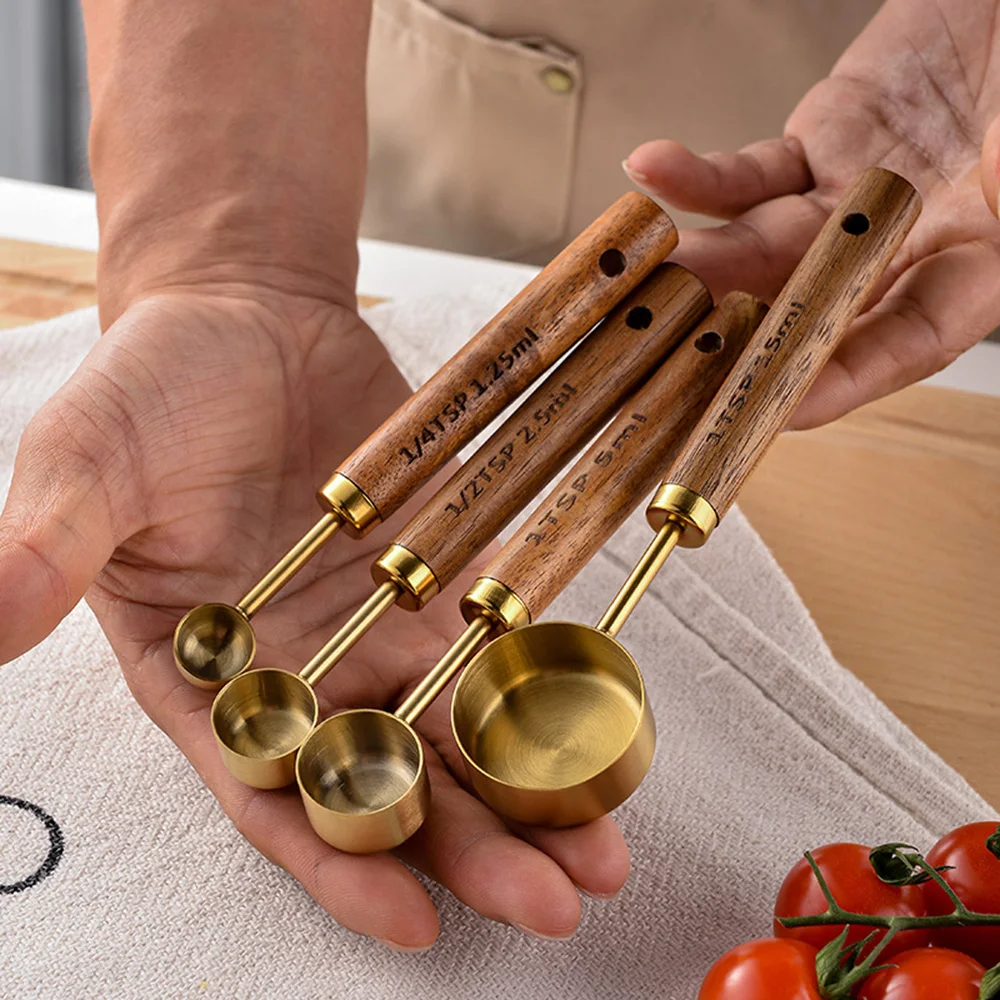 

4pcs/set Coffee Spoons Stainless Steel Measuring Cup Spoon with Wooden Handle Kitchen Condiment Measuring Tools Baking Tools