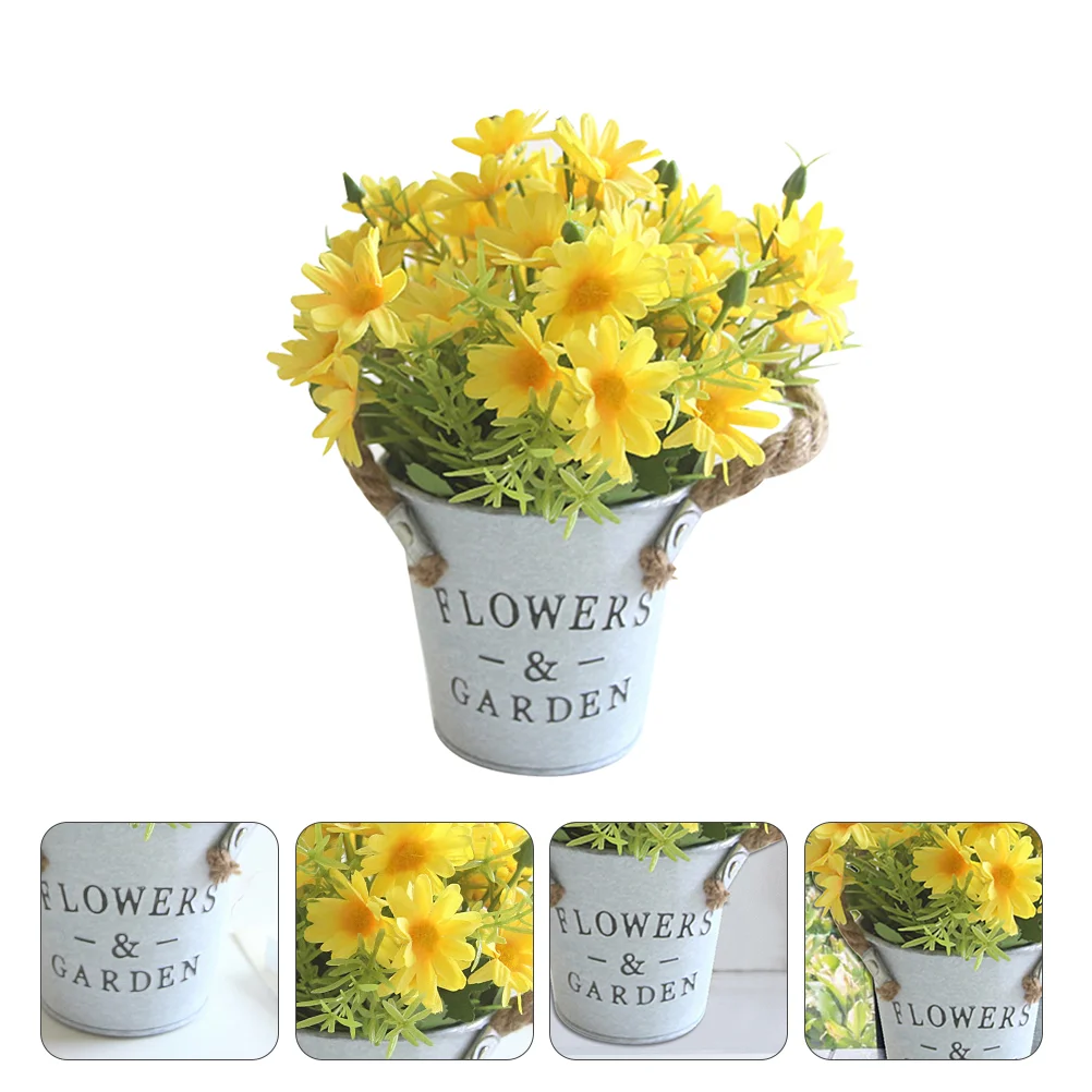 

Daisy Rope Iron Bucket Decorative Bonsai Simulated Plant Fake Artificial Plants Lifelike Home Emulated Potted Ornament