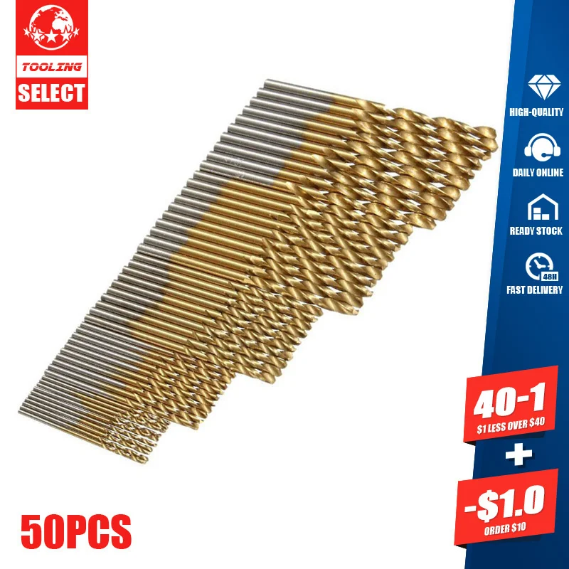 

50pcs Twist Drill 1.0/1.5/2.0/2.5/3.0mm Ti-Coated HSS Drill Woodworking Hand Tools Drill Bit Set