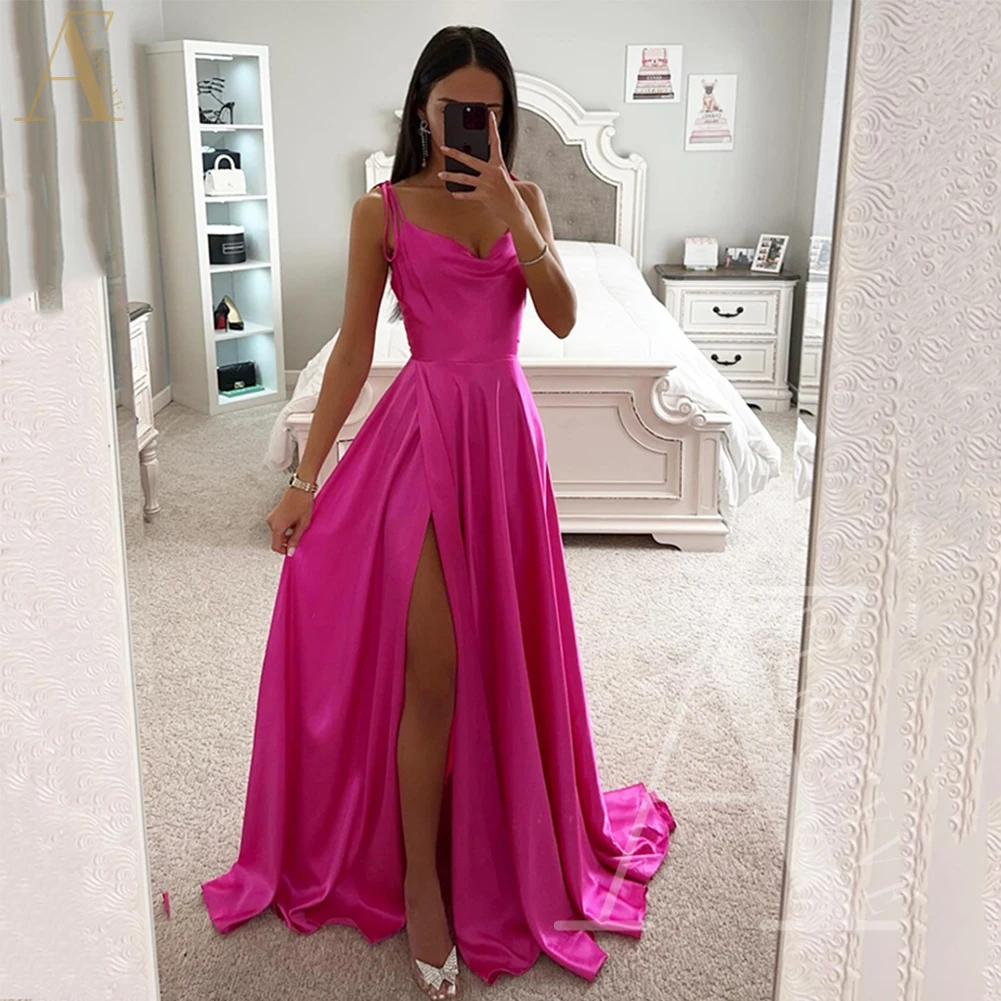 

Fuchsia Satin Prom Dresses 2024 Spaghetti Straps Robe Ball Gown Graduation Dress for Women Elegant Gowns Custom Occasion Dresses
