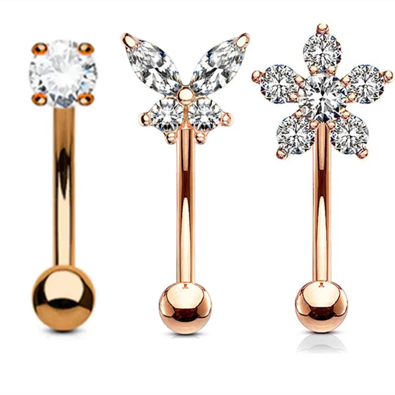 Elegant Heart Crystal Curved Barbell & CZ Star Eyebrow Ring Set - 3-Piece Collection
