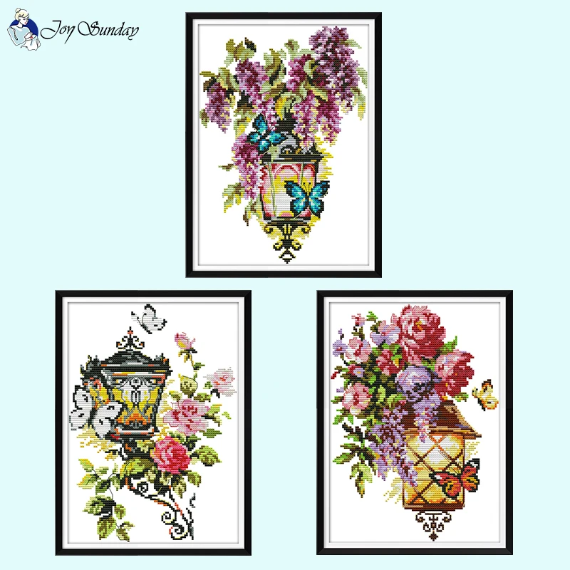 Flower and Lamp Pattern Series Printed Cross Stitch Kits Aida 14CT 16CT 11CT Count Canvas Stamped Embroidery Set DIY Home Decor