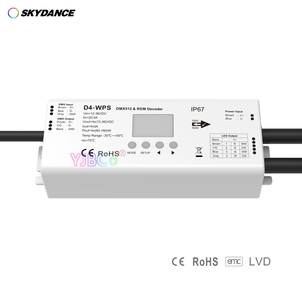 

Skydance Waterproof RGBW LED strip controller 4 Channel Constant Voltage DMX512 & RDM Decoder 12V-36V 24V 4CH*5A/CH DMX dimmer