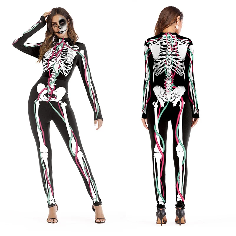 Halloween Carnival Party Scary Blood Vessel Skeleton Jumpsuit For Adult Women Horror realistic human Body Structure Catsuit