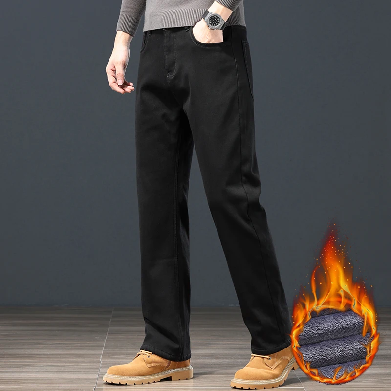 Winter Warm Fleece Men Jeans Loose Straight Thickened Velvet Trousers Black Classic Stretch Casual Thermal Pants Plus Size 28 44 3