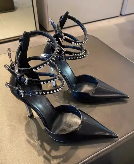 

UVRCOS 2024 Pointed Toe Rivets Studded High Heel Shoes Black Leather Ankle Strap Thin Heels Pumps Women Sandals