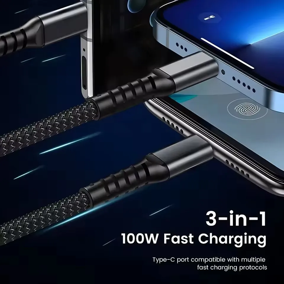 100W 고속 충전 케이블 3 in 1 멀티 충전 케이블 나일론 브레이디드 다중 USB 유니버설 충전 코드 어댑터 타입-C 마이크로 포함