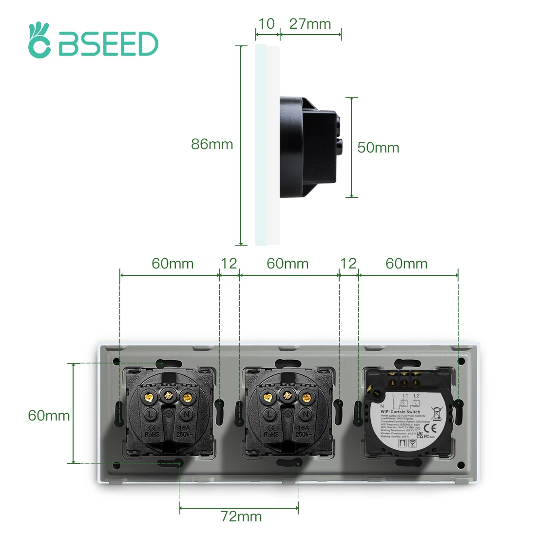 BSEED 스마트 커튼 터치 스위치, 무선 벽 스위치, 투야 스마트 라이프, 구글 홈 알렉사 음성 제어, 이중 일반 EU 플러그