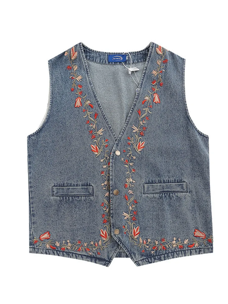 

Vintage Floral Embroidered Denim Vest Women V-neck Tank Top Spring Autumn Casual Jeans Waistcoat Coat Sleeveless Cowboy Top