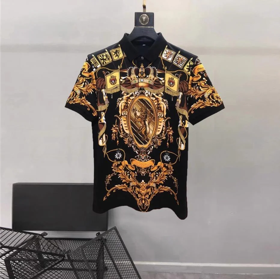 

European and American men's 2023 summer new Lapel short sleeves fashion Palace Crown Vintage Print T-shirt