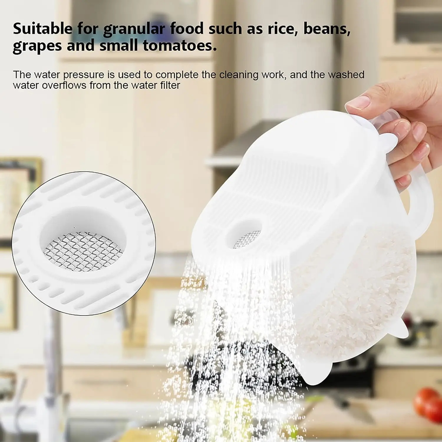 14 Oz Rice Washer Plastic Grain Rice Washing Bowl with Scale Vegetable Fruit Cleaning Tool Strainer Kitchen Colander with Handle
