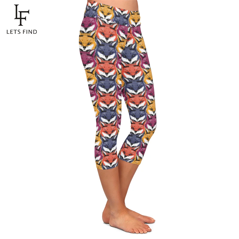 LETSFIND Summer High Waist Women Capri Leggings Colorful Fox Print Soft Fitness Stretch Mid-Calf 3/4 Pants