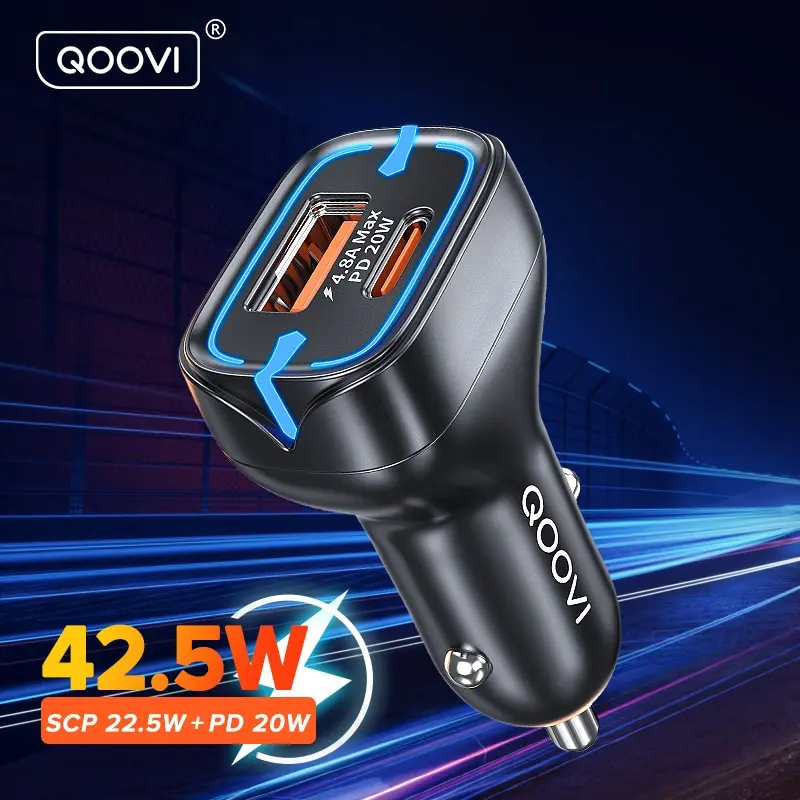 QOOVI 42.5W Car Charger PD 2 Ports Fast Charging For iPhone 14 Pro Quick Charge 3.0 Car Phone Charger For Xiaomi Samsung POCO