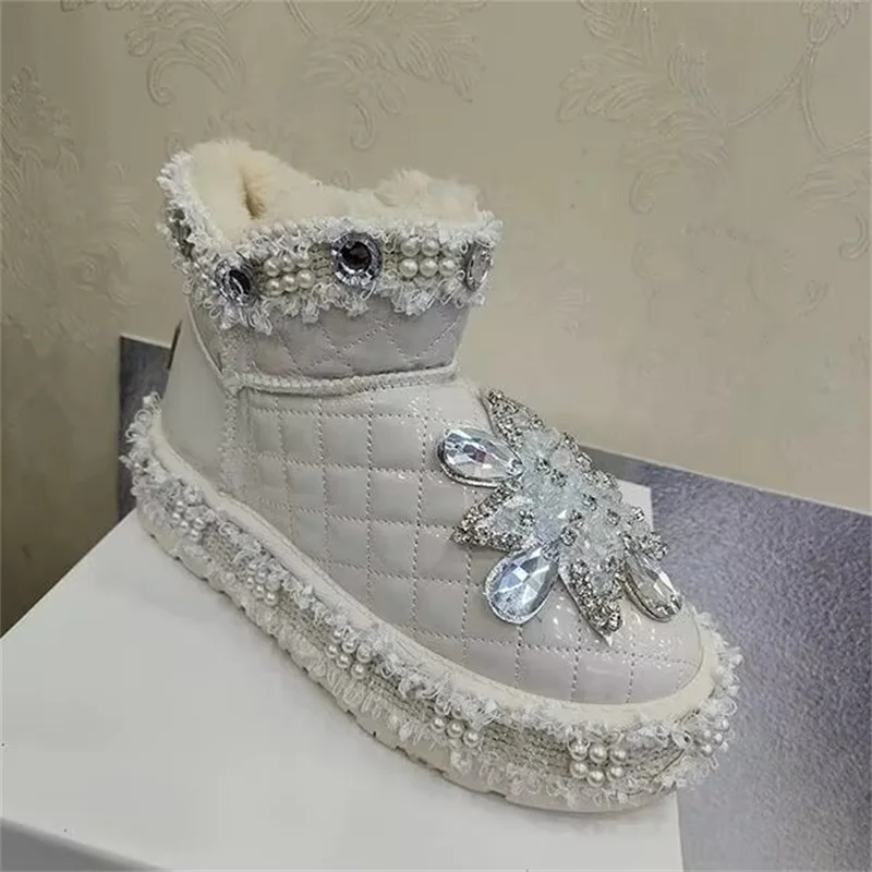 

Pearl rhine-diamond hand custom winter plus fleece warm boots thick soles waterproof platform fur one boot women's 35-40