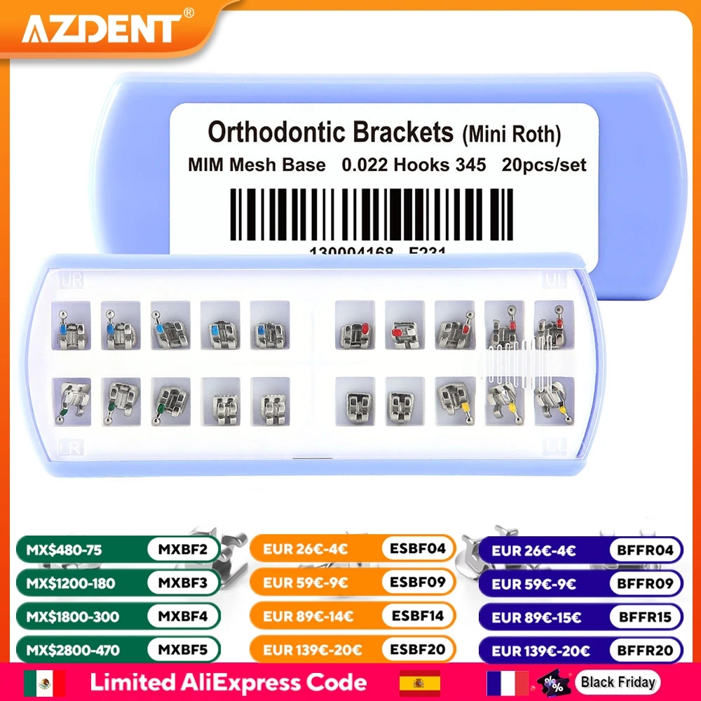 เหล็กจัดฟัน AZDENT จำนวน 20 ชิ้น/กล่อง แบบ MIM โมโนบล็อก ฐานโลหะแบบแยกส่วน รุ่นมินิโรธ/เอ็มบีที ขนาด 0.022 พร้อมตะขอ 345 สำหรับงานทันตกรรม 1