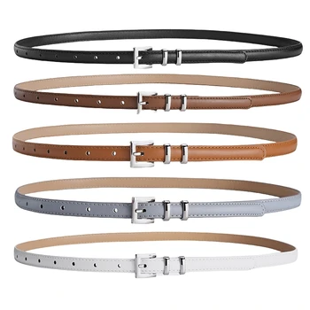 Cintura sottile da donna dal design semplice Moda casual e versatile Jeans Accessori per abiti Cintura con fibbia ad ardiglione in argento Cintura in PU 1