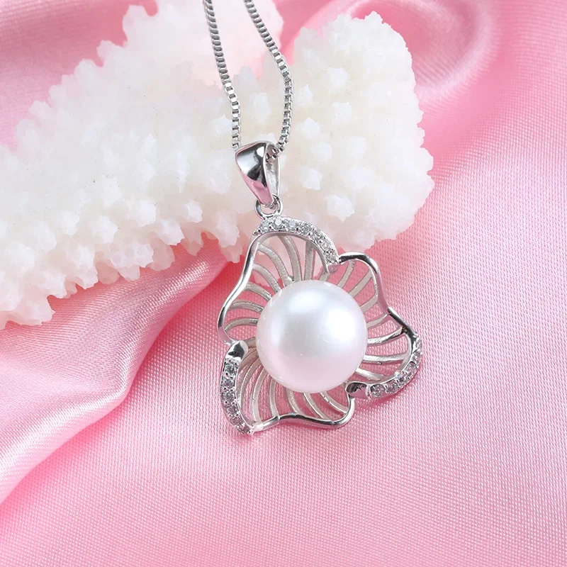 925 Sterling Silver Lotus Leaf Pendant Necklaces for Women 8-9mm Bread Round Natural Freshwater Pearl Necklaces Jewelry Gift
