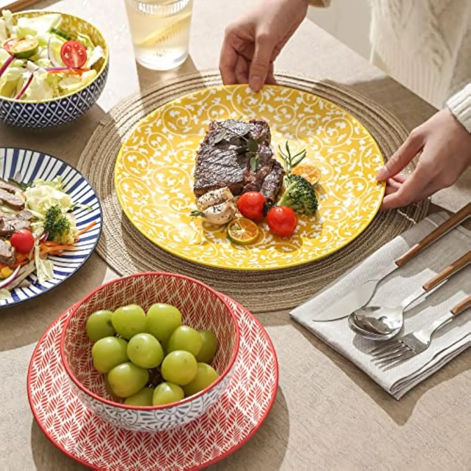 Ceramic 12-Pieces Dinnerware Sets, Ceramic Dish Plates and Bowls Sets, Service for 4, Dinner Salad Dessert Plates, and Cereal B