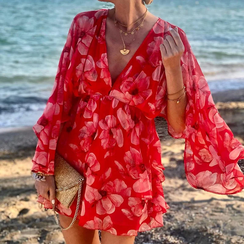 

Women's floral Print chiffon Mini Dress Elegant deep V-neck Batwing sleeve frilled party dress summer high-waisted beach dress