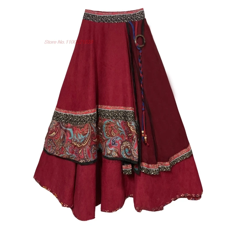 chinese vintage elastic waist skirt national flower print ethnic skirt oriental traditional folk a-line corduroy