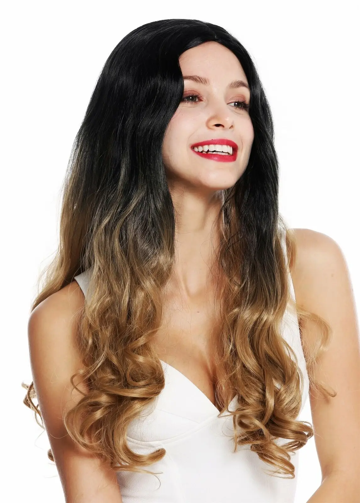 

Wig Ladies Long Wavy Curly Middle Part Ombre Blonde Black