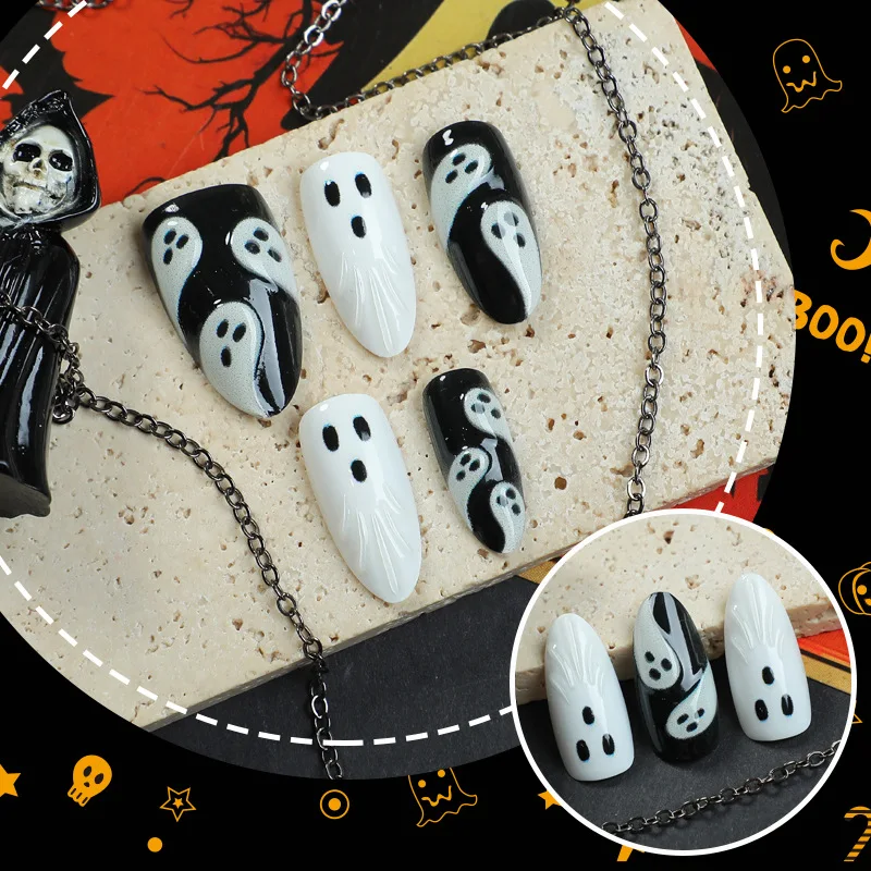 Lot de 30 faux ongles 3D en forme d'amande pour Halloween, motif fantôme noir et blanc effrayant, à porter, style art, manucure, 2025