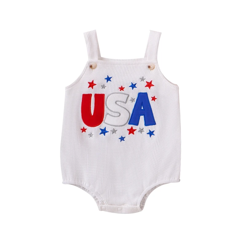 

4th of July Baby Boy Girl Romper Waffle Overalls Letter Embroidery Square Neck Sleeveless Toddler Summer Jumpsuit