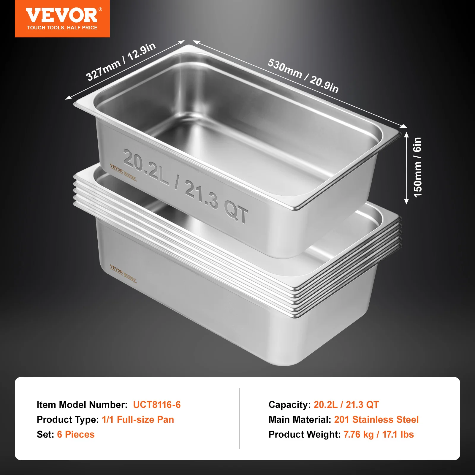 VEVOR Confezione da 4 padelle per hotel, pentole a vapore anti-inceppamento con coperchio, 0,8 mm di spessore, in acciaio inox, profondità 10,2 cm